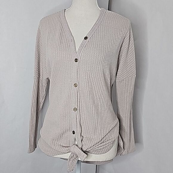 Top by Miholl Button and Tie Front Longer Back Long Sleeve Beige Size Small - Picture 1 of 8